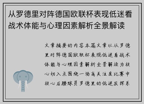 从罗德里对阵德国欧联杯表现低迷看战术体能与心理因素解析全景解读