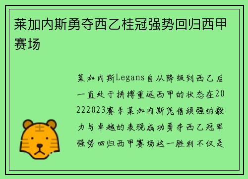 莱加内斯勇夺西乙桂冠强势回归西甲赛场