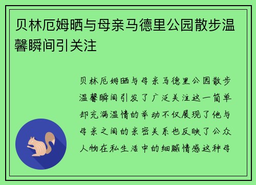 贝林厄姆晒与母亲马德里公园散步温馨瞬间引关注